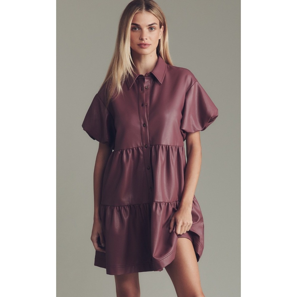 Maeve Anthro The Bettina Faux Leather Mini Shirt Dress Moody Bold Plum M NWT